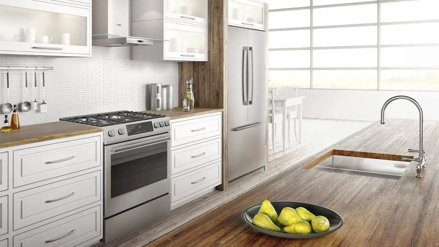 Light colored kitchen with stainless steel Bosch appliances