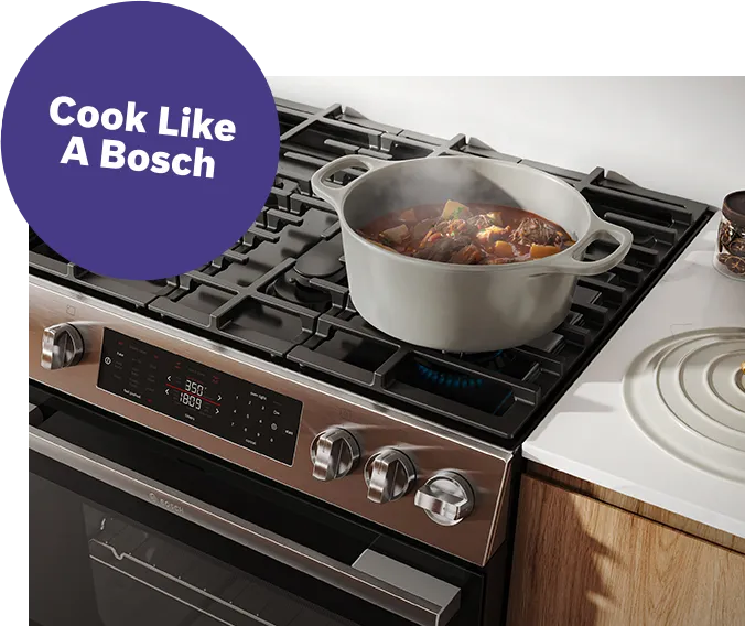 Cook Like A Bosch. Bosch gas range with a pot on the cooktop