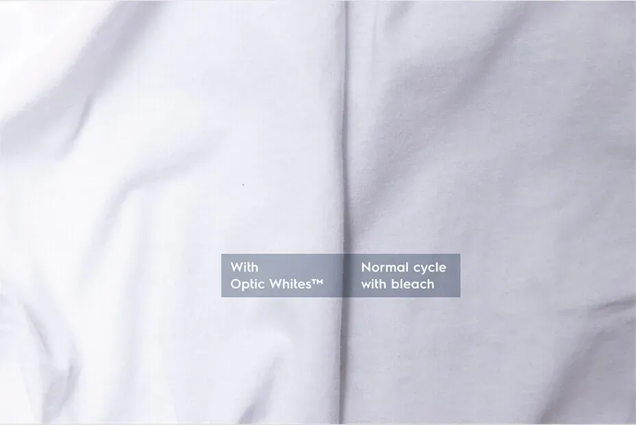 comparison of white shirt washed with and without optic whites cycle