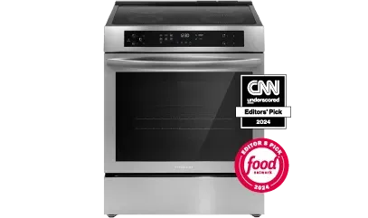 frigidaire induction range with cnn editor's pick badge and food network editor & pick award badge