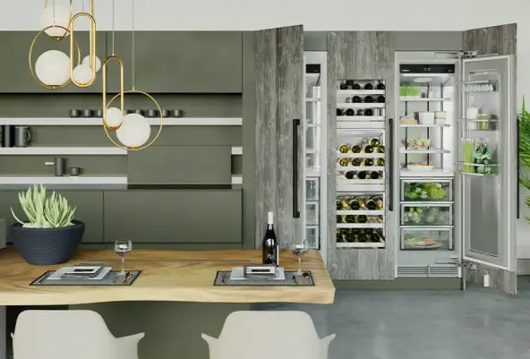 kitchen with gray green accents featuring liebherr monolith refrigerator