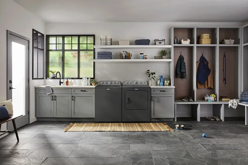 laundry room image with maytag washer and dryer with matte gray finish