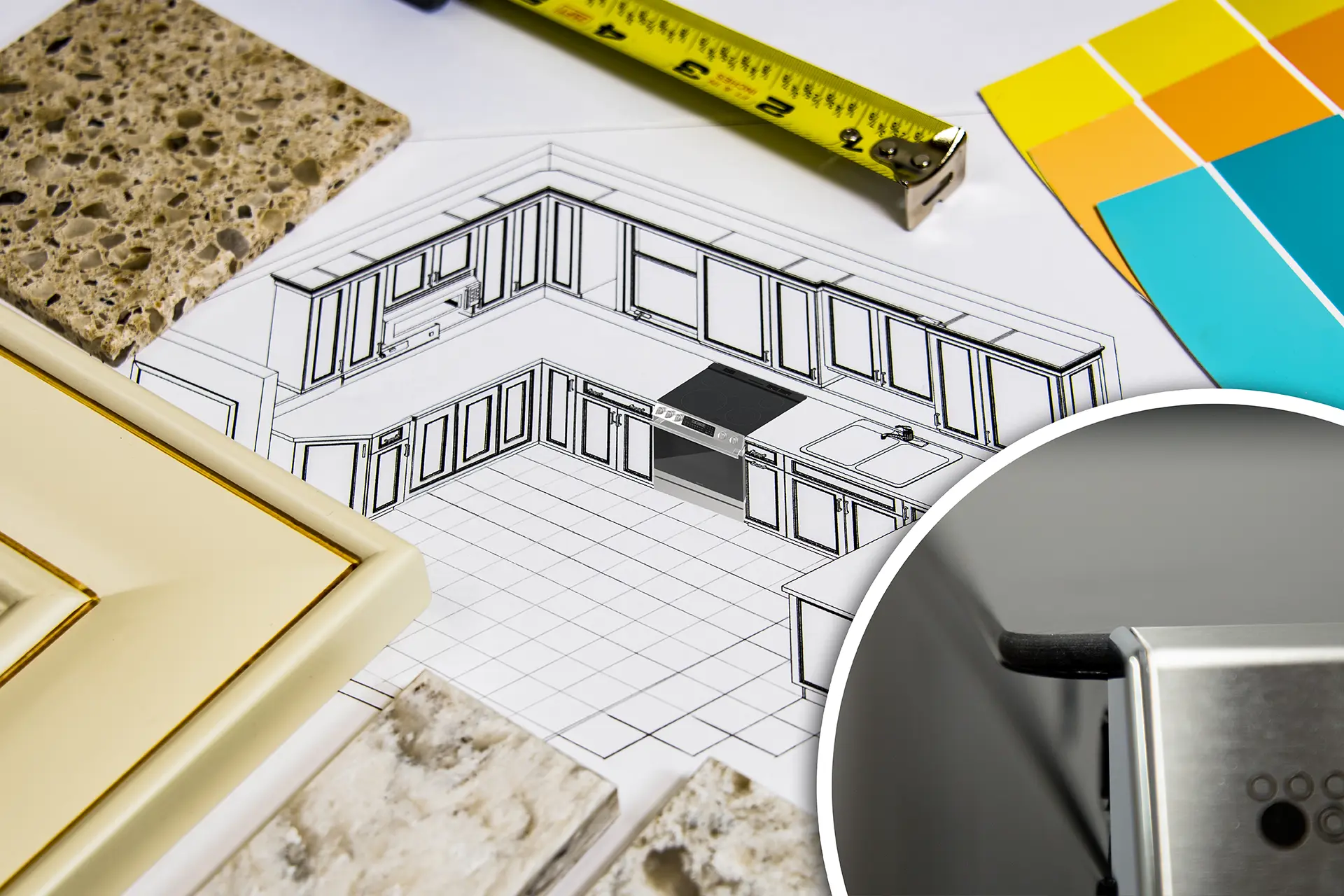 A kitchen blueprint with paint chips, tile samples, and a tape measure