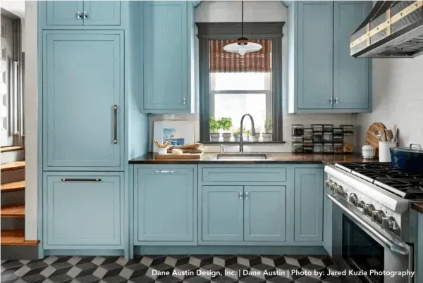Light Blue Kitchen cabinets and seamless appliances 
