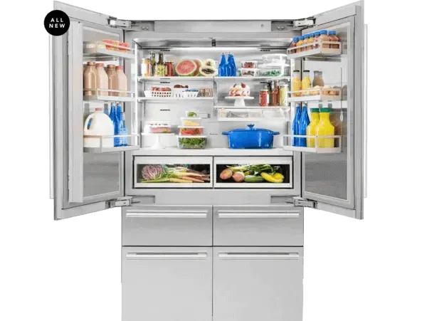 Refrigerator with top french doors open showing food.
