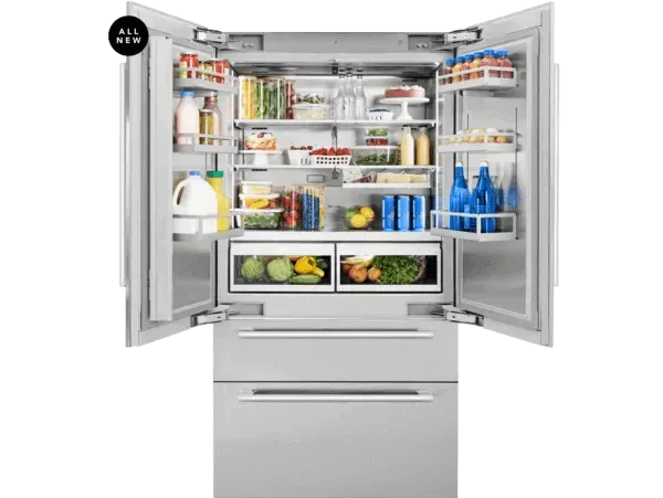 Refrigerator with top french doors open showing food.