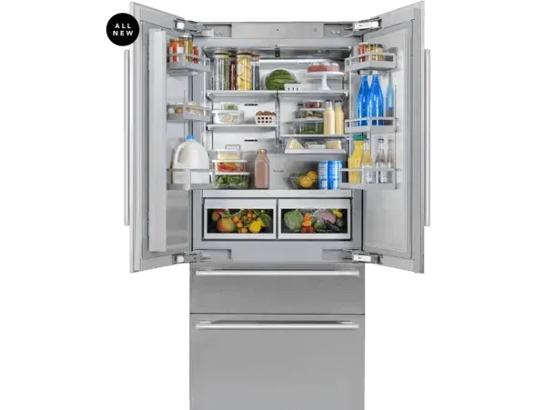 Refrigerator with top french doors open showing food.