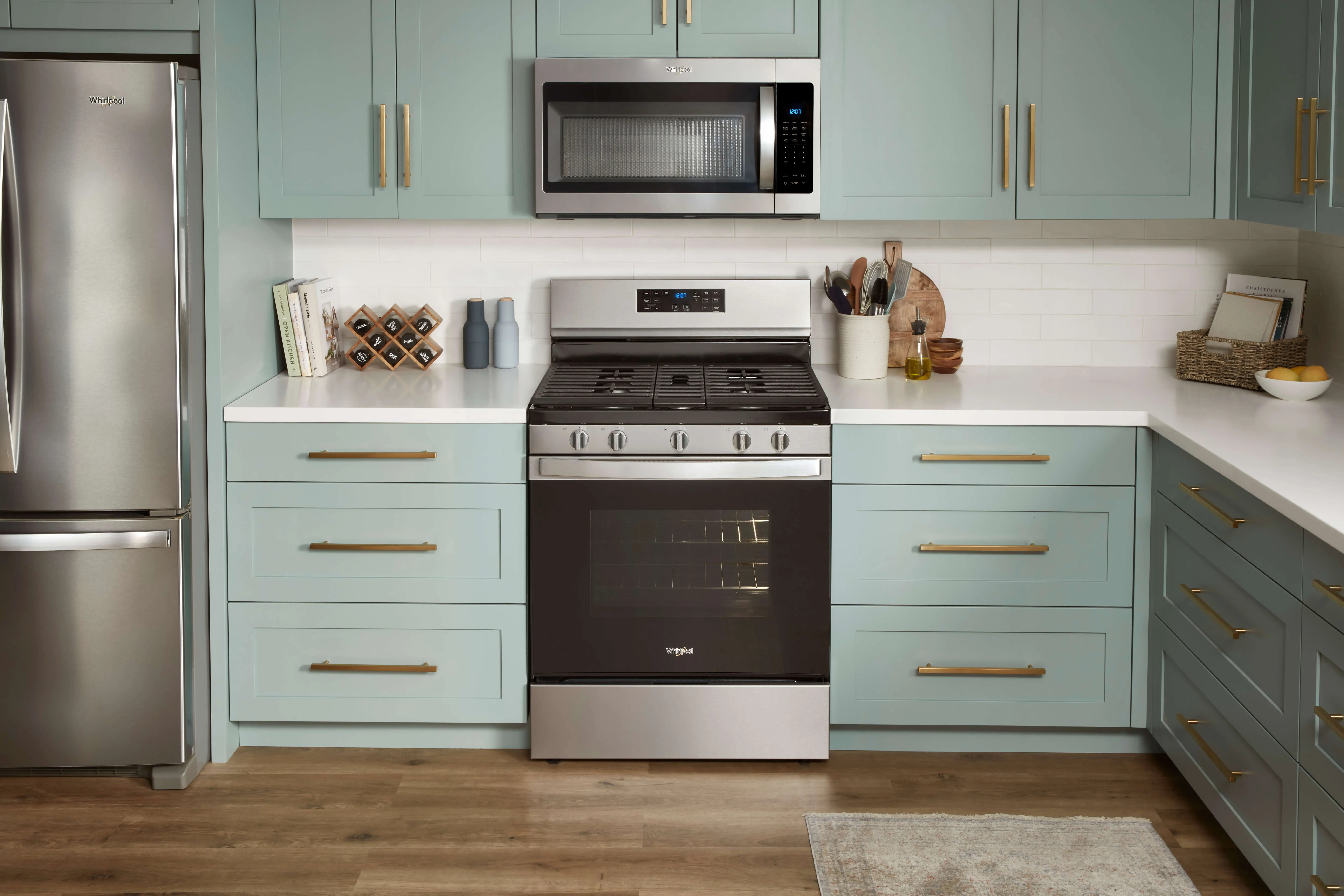 whirlpool appliances with stainless steel finish in kitchen setting