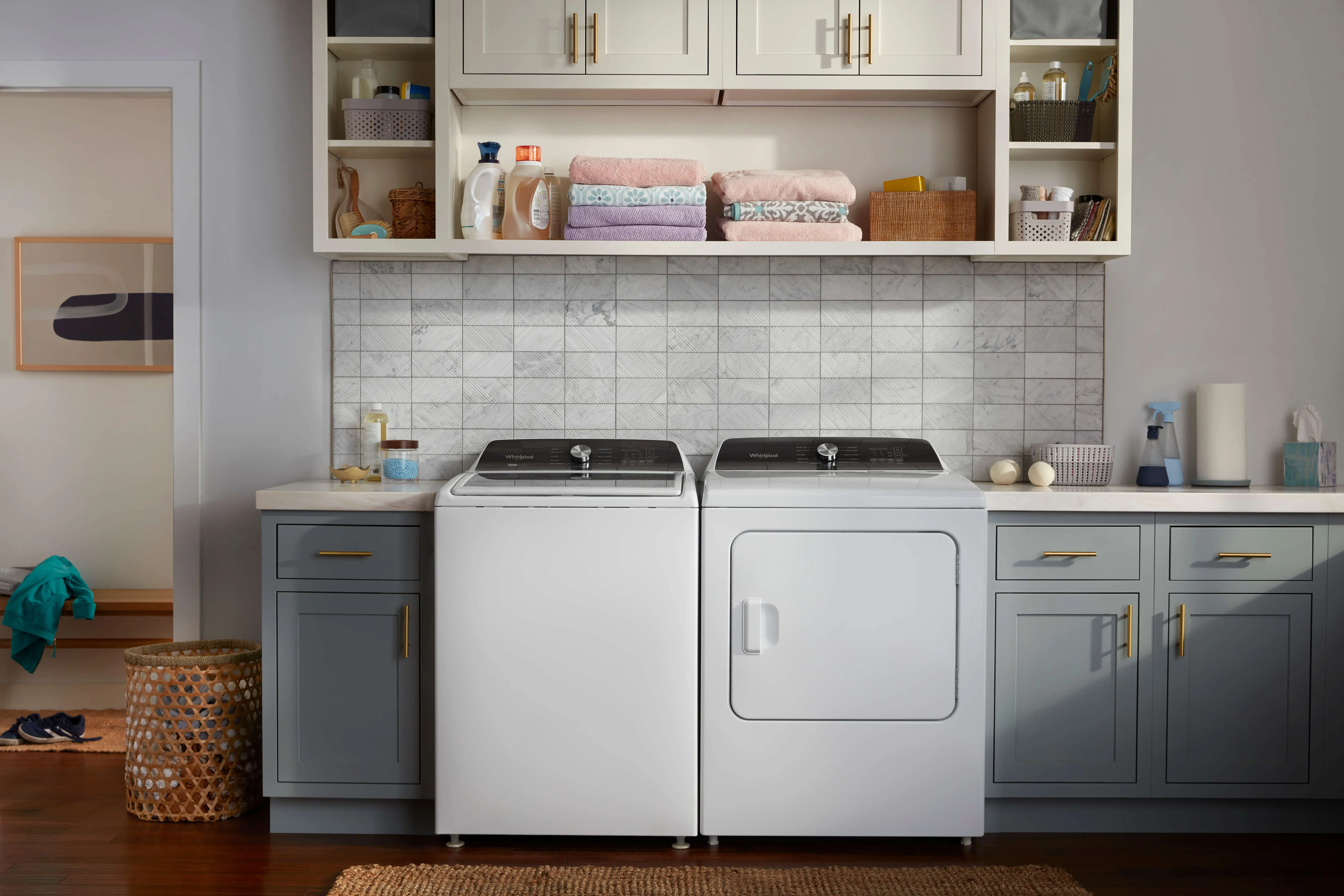 washer and dryer with white finish in laundry room