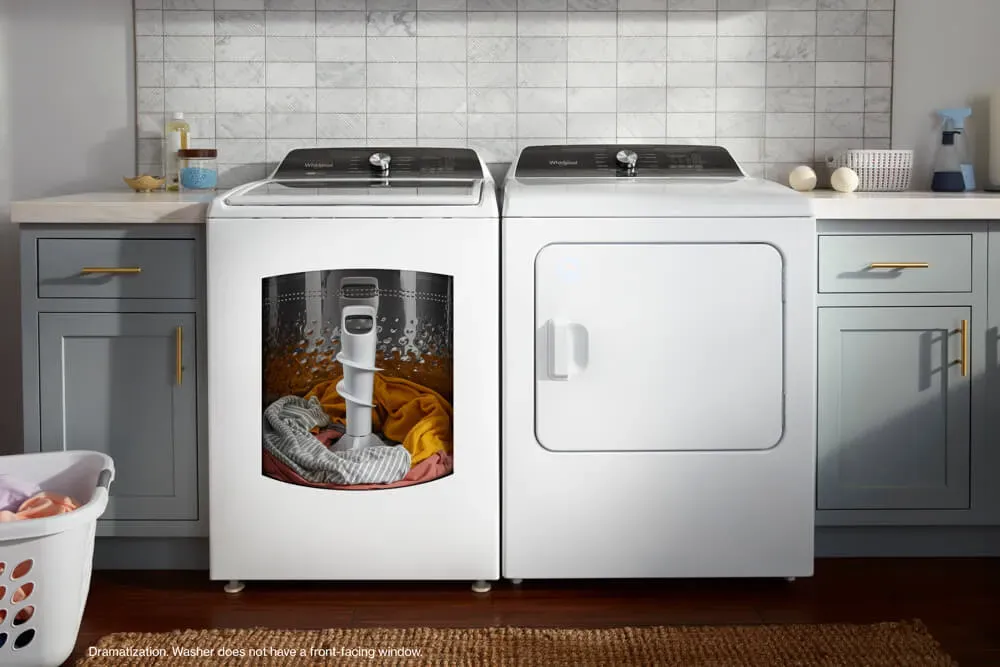 whirlpool washer and dryer with white finish, with xray image showcasing 2 in 1 agitator