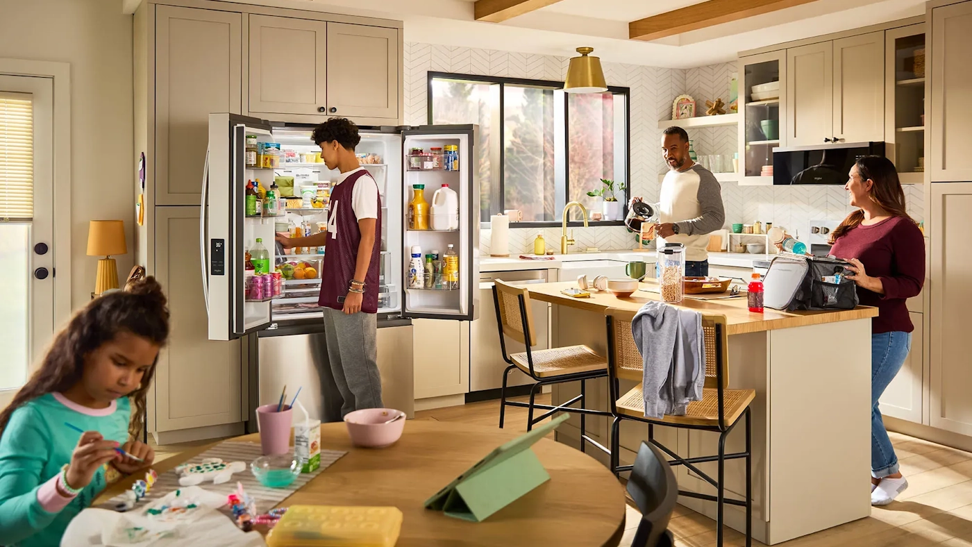 kitchen with light blue whirlpool appliances