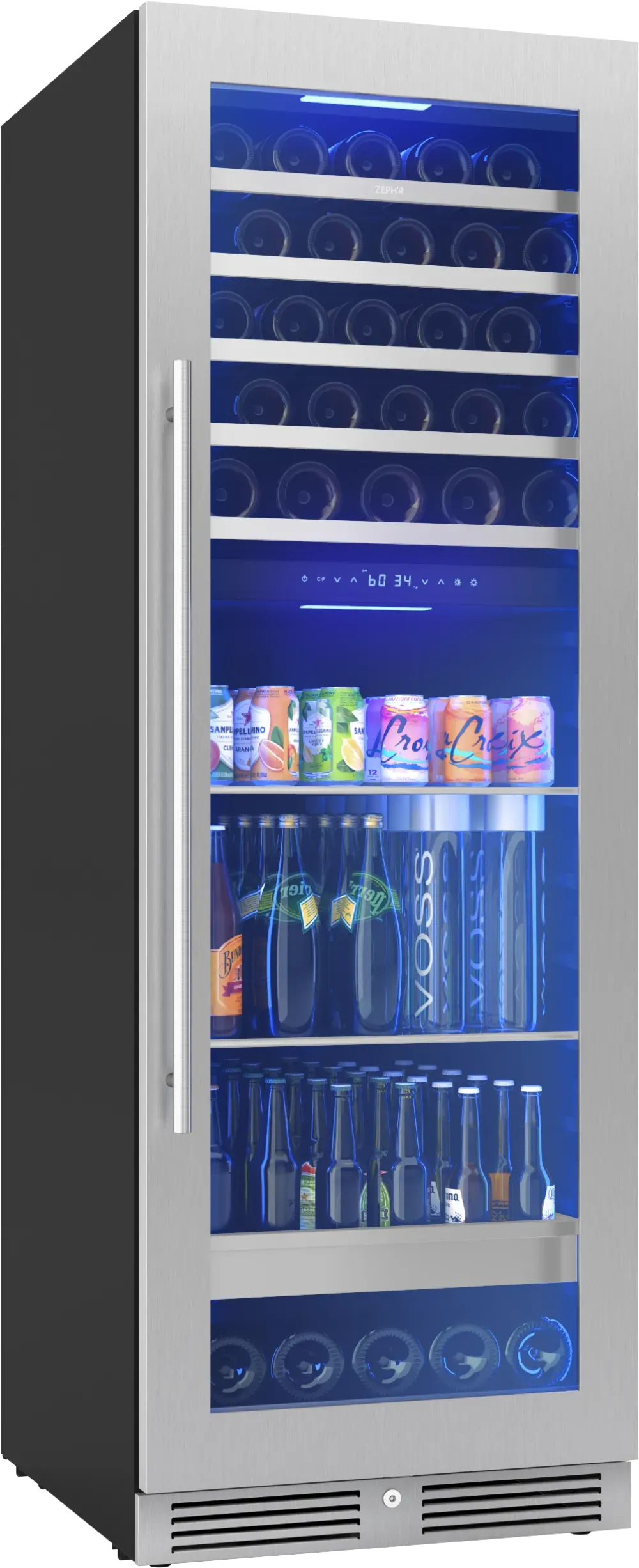 2 zone wine and beverage cooler, full size, stainless steel and glass with reversible door