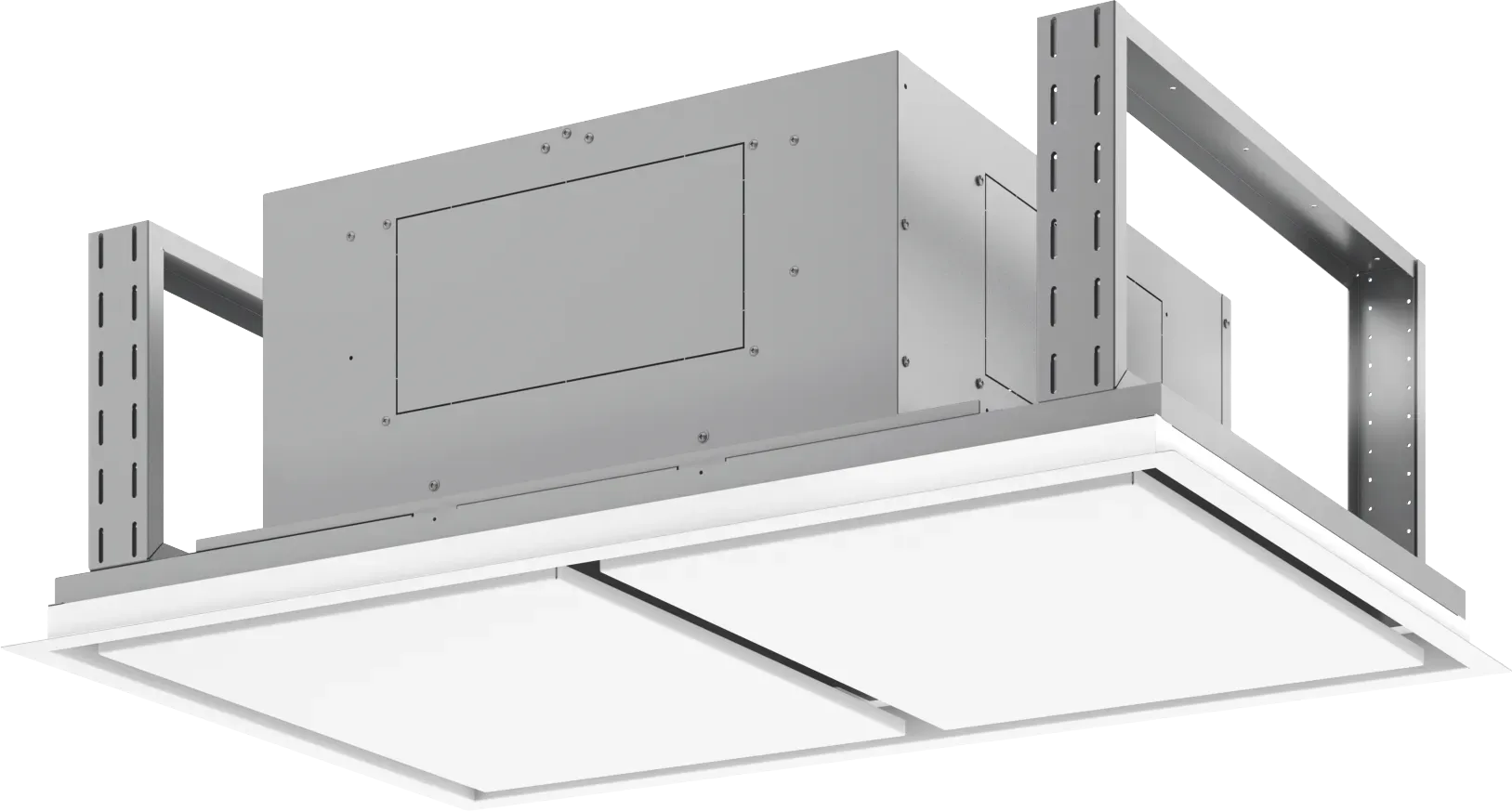 Ceiling-mounted recessed ventilation unit with a metal housing.