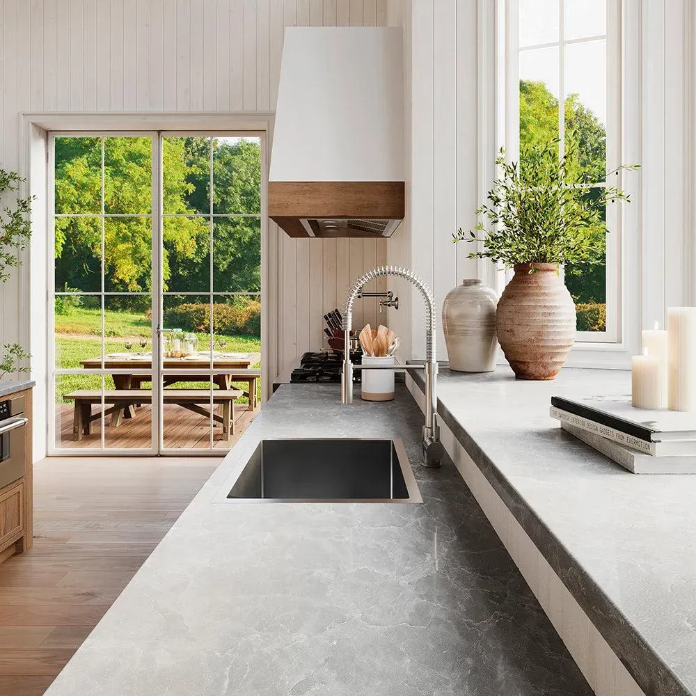 ZLINE Kitchen Faucet in a bright kitchen with a large sink and outdoor view.