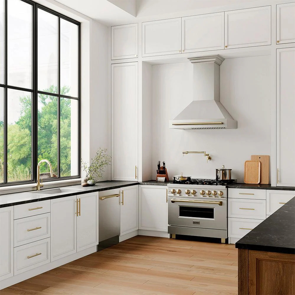 ZLINE Kitchen Faucet in a bright kitchen with white cabinetry.
