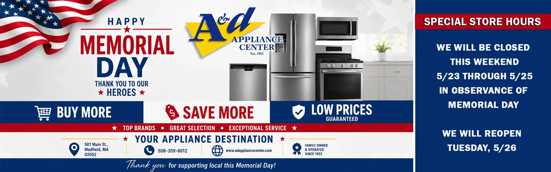 Memorial Day Appliance Savings at A&D Appliance Center!