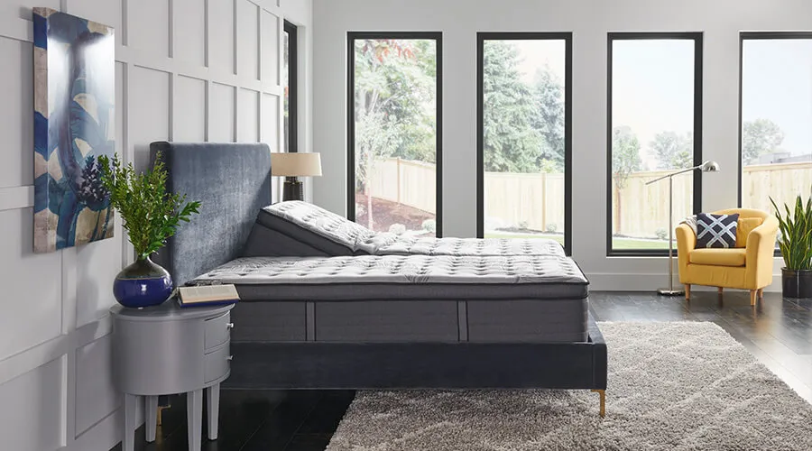Modern bedroom featuring mattresses available in multiple sizes