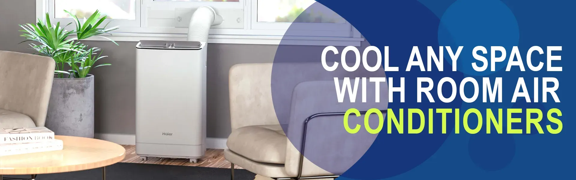 A Haier room air conditioner in a living room with two chairs.