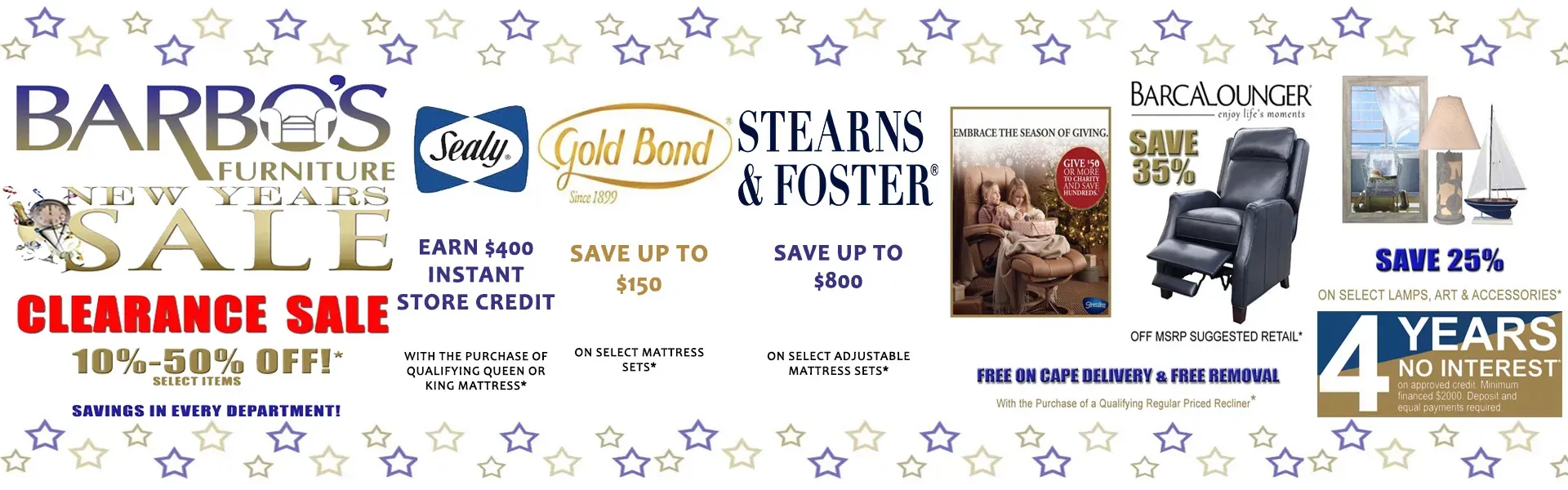 Barbo's New Year Sale Including Sealy, Gold Bond, Stearns and Foster, and many other vendors with products on discount!