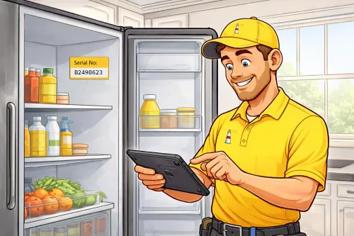 Beacon technician checking the age of an appliance.