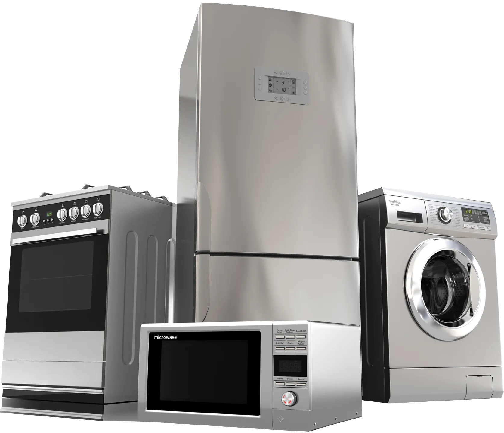 Assortment of home appliances including a refrigerator, stove, washing machine, and microwave