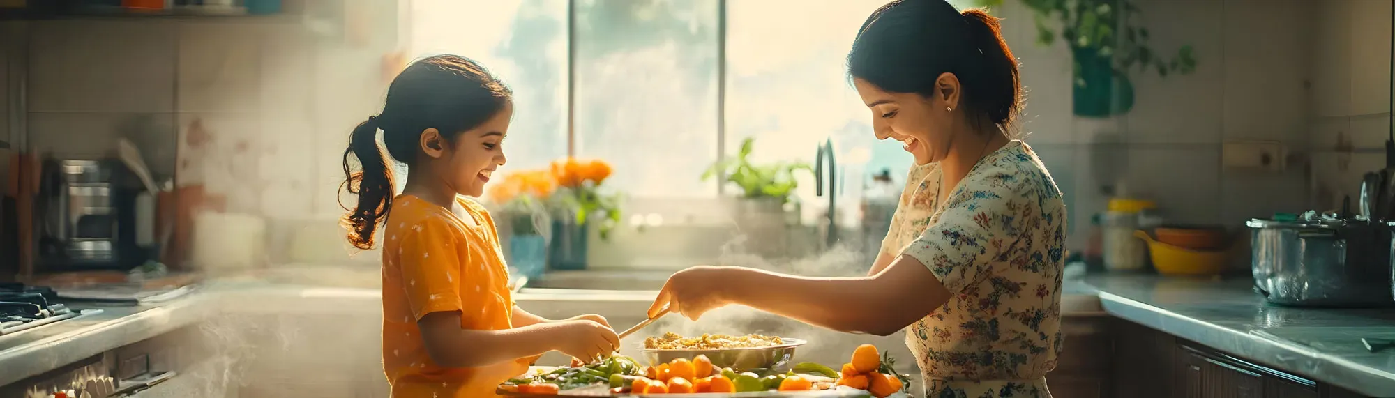 Mother and daughter cooking healthy food in kitchen