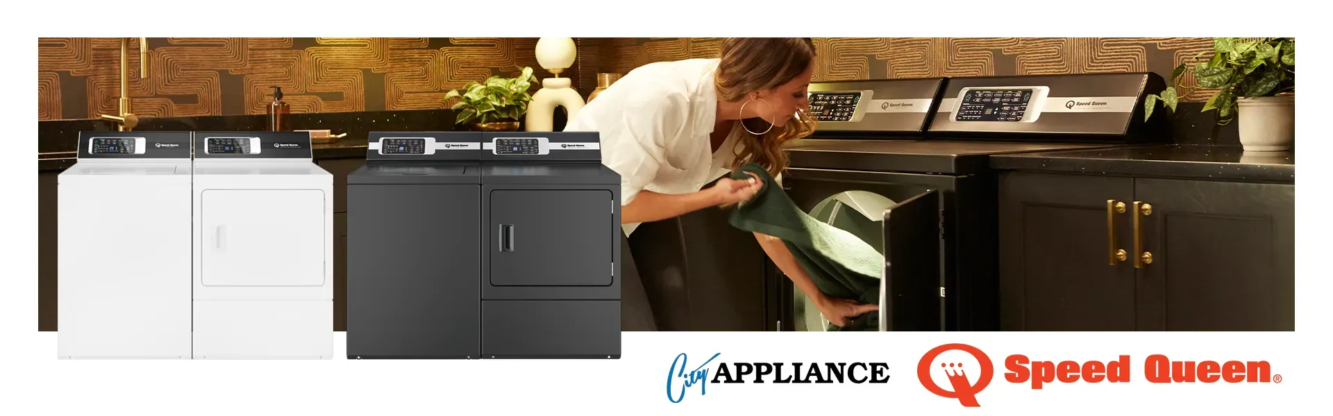 SpeedQueen Promo Banner with two laundry sets in the foreground and woman putting laundry in machine in background.