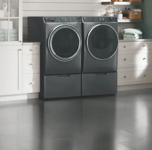 Laundry appliances in a clean laundry room