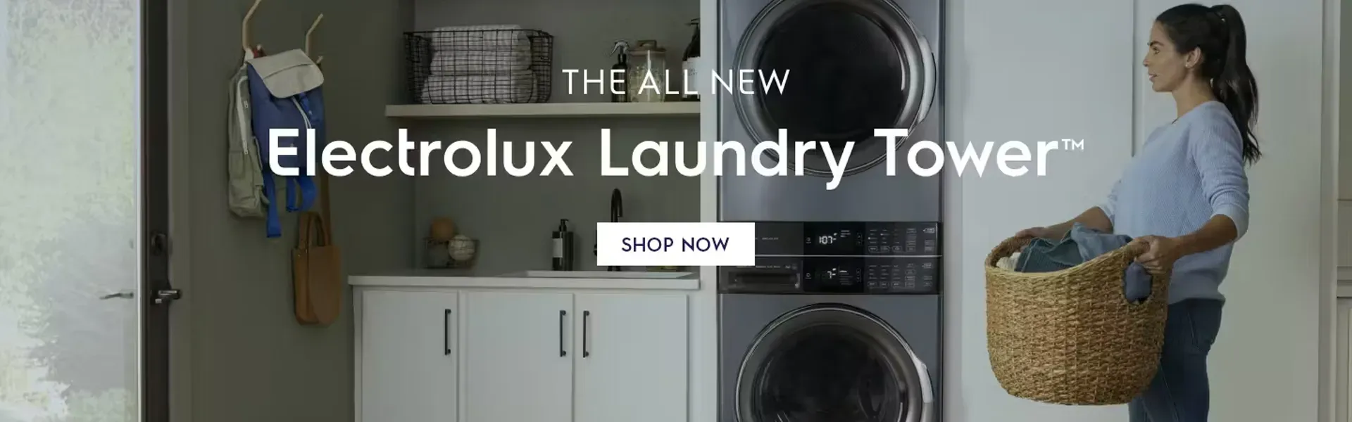 Electrolux Laundry Tower Promotional Image with a lady carrying a laundry bin.