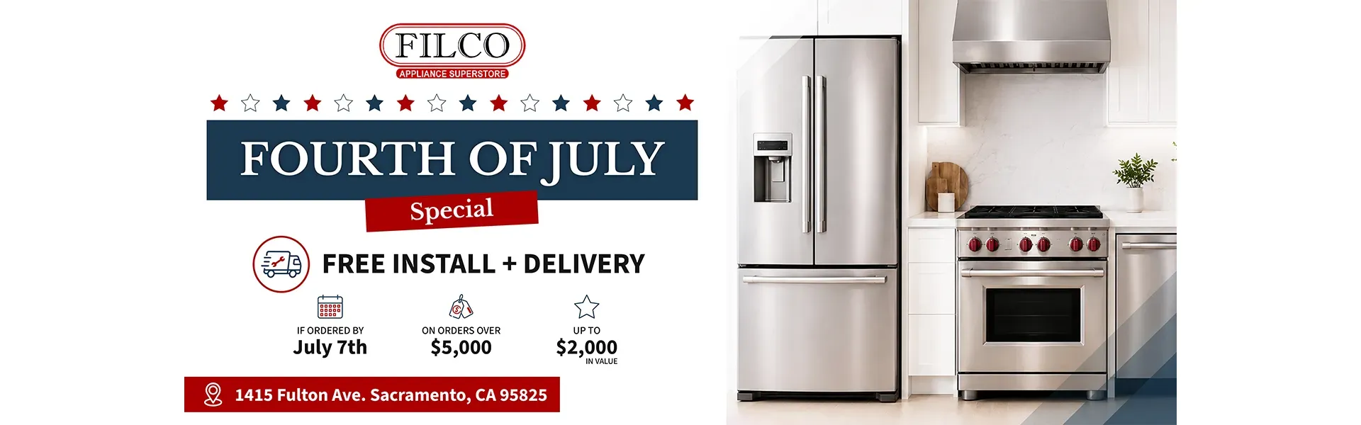 Free install and delivery if ordered by July 7th on orders over $5,000. Up to $2,000 in value.