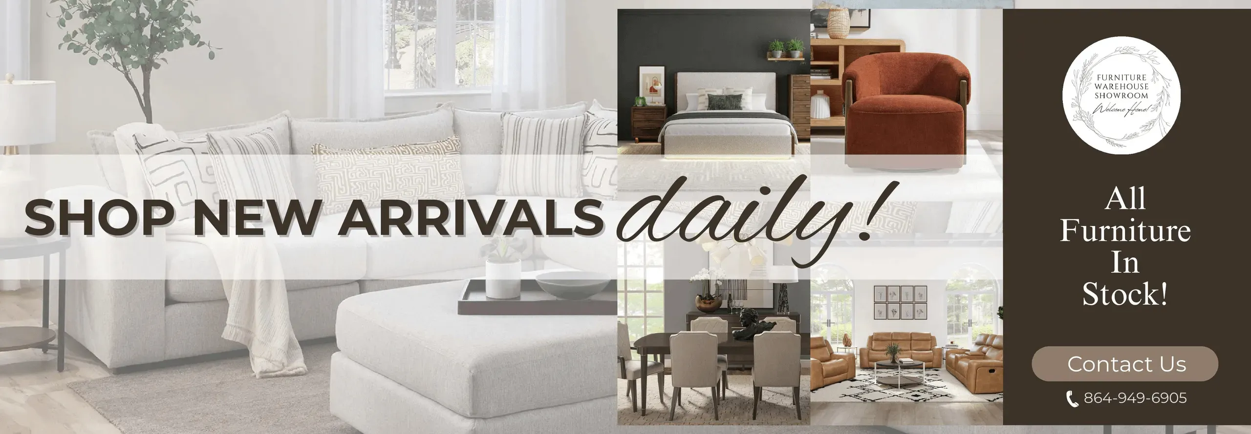 Furniture Warehouse Showroom Banner: Shop new arrivals daily!