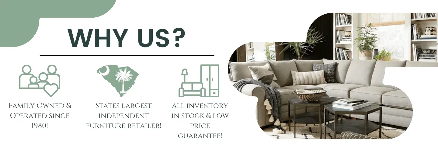 Furniture Warehouse Showroom Banner: ¿Why Us? Learn More.