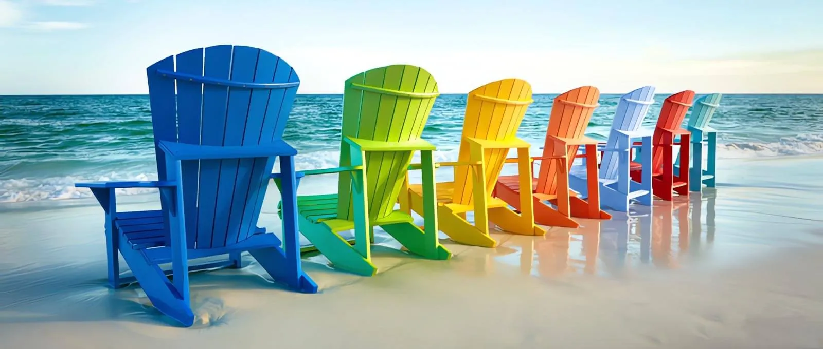 Colorful Adirondack chairs on a sunny beach with ocean view