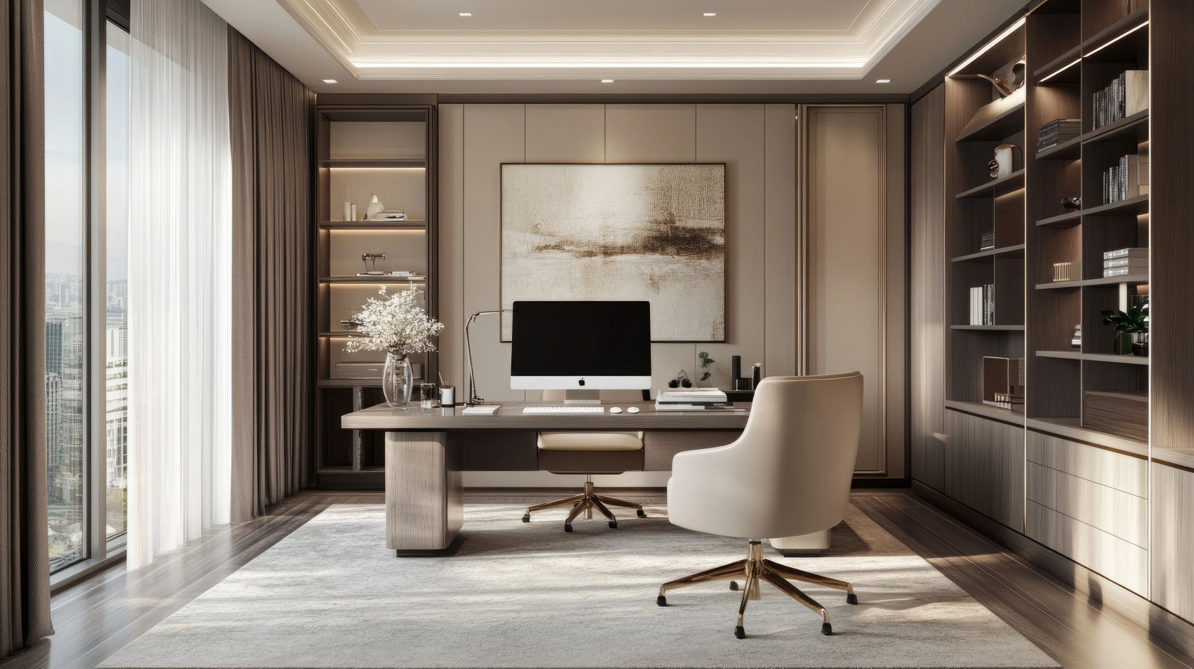 Home office workspace in neutral tones with a monitor and stylish chair