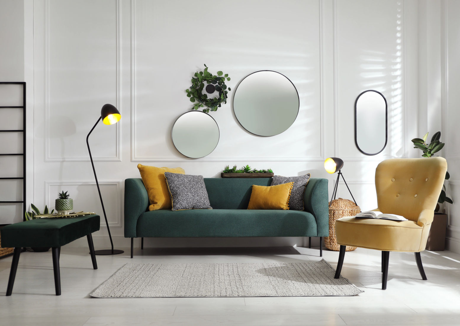 Modern living room with a comfortable sofa, floor lamp and large window