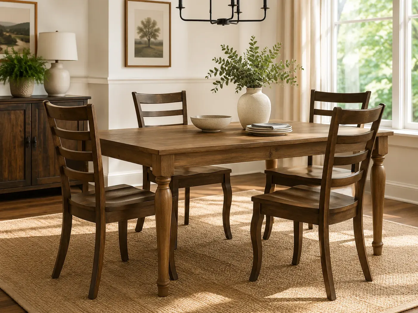 Dining room with a wood table, ladder-back chairs, and a woven jute rug