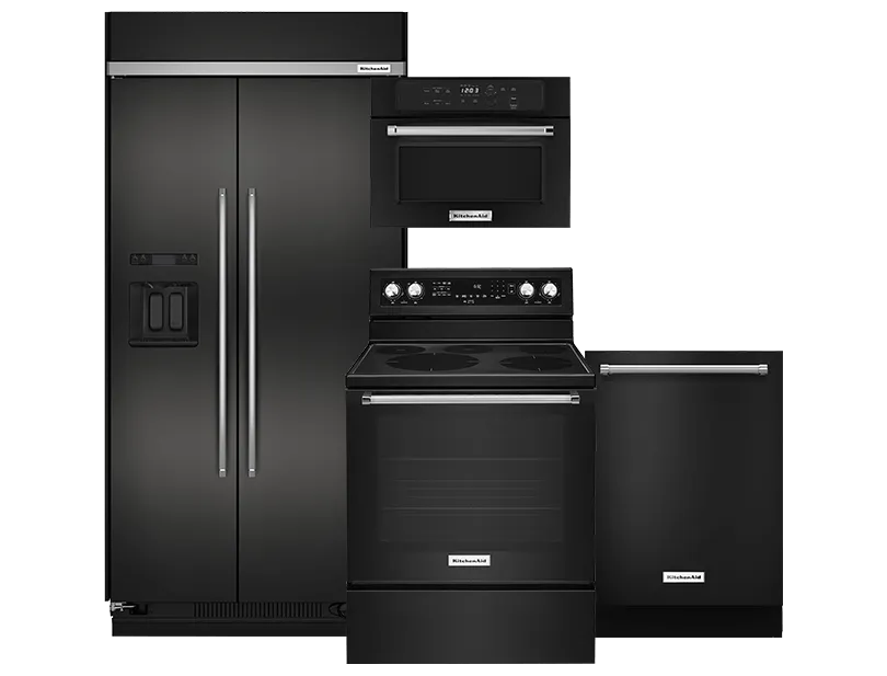 Black LG kitchen appliance package including refrigerator, microwave, dishwasher and stove