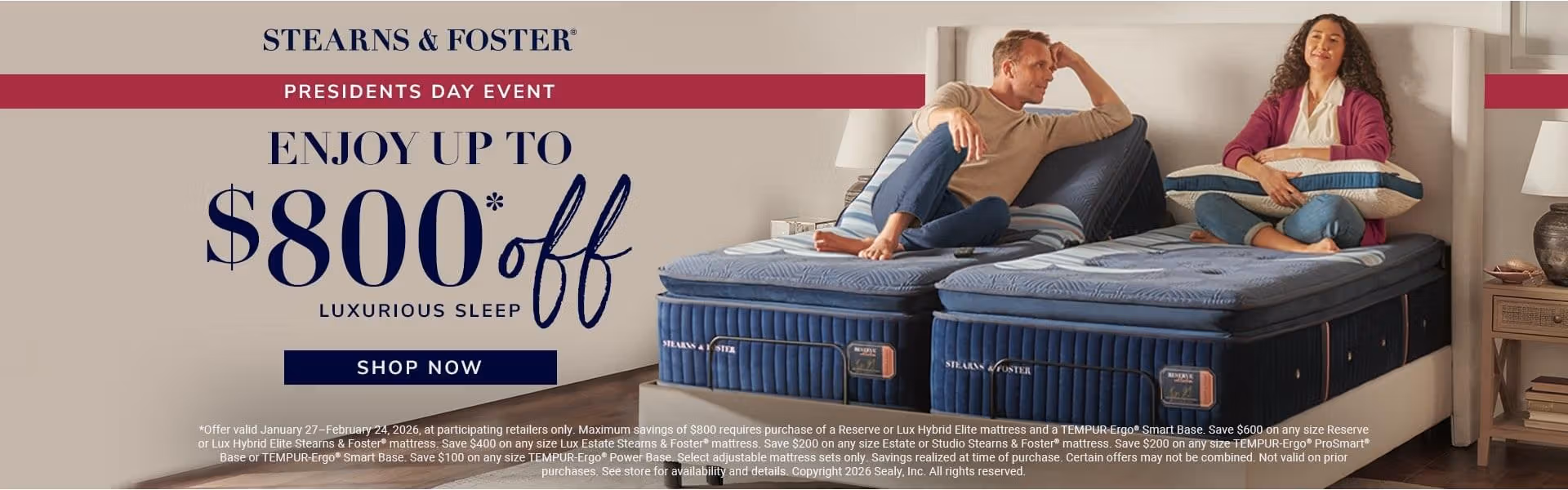 Stearns and Foster Presidents Day Sale Banner