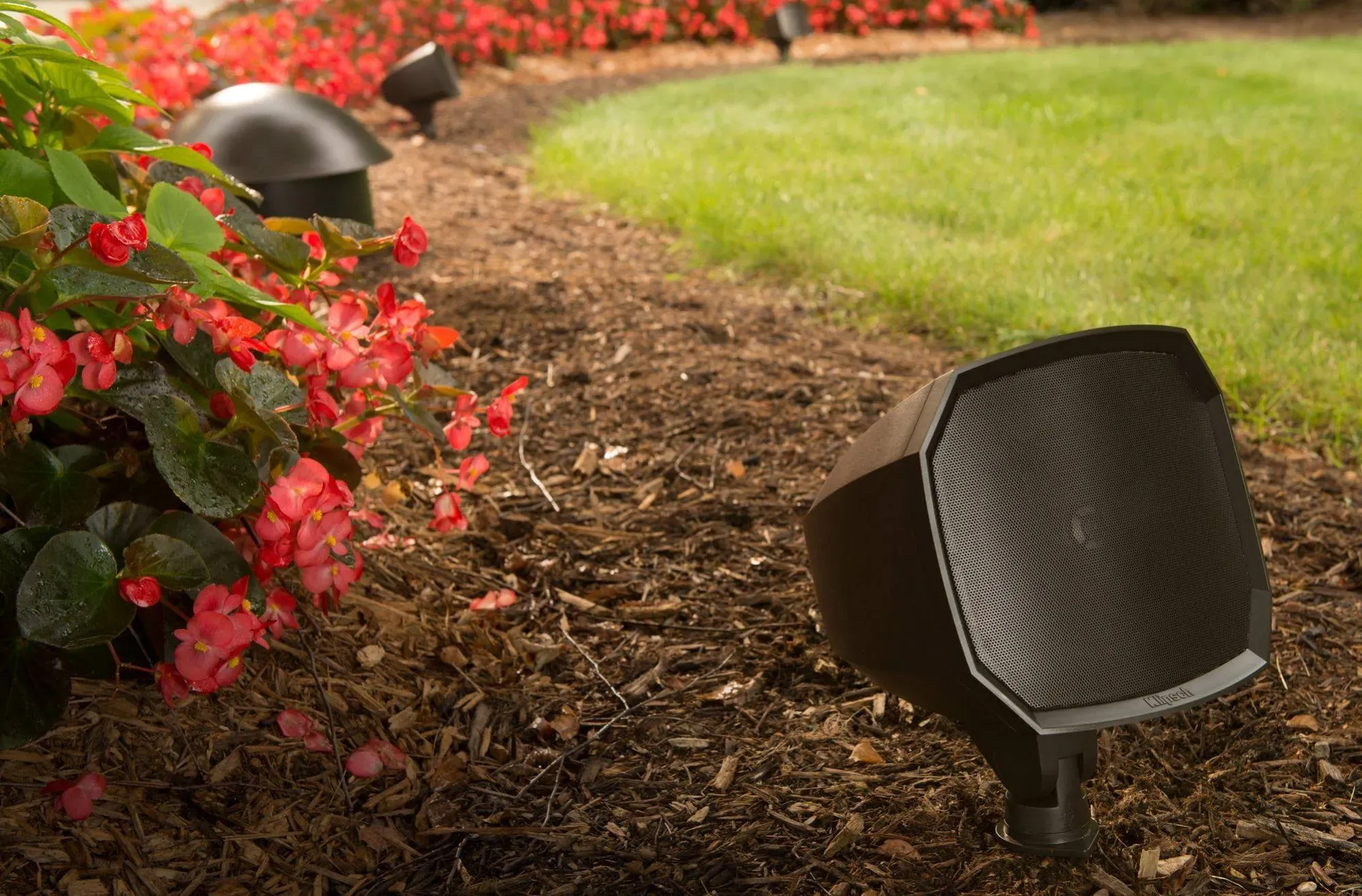 Outdoor Sound system in a grassy residential yard