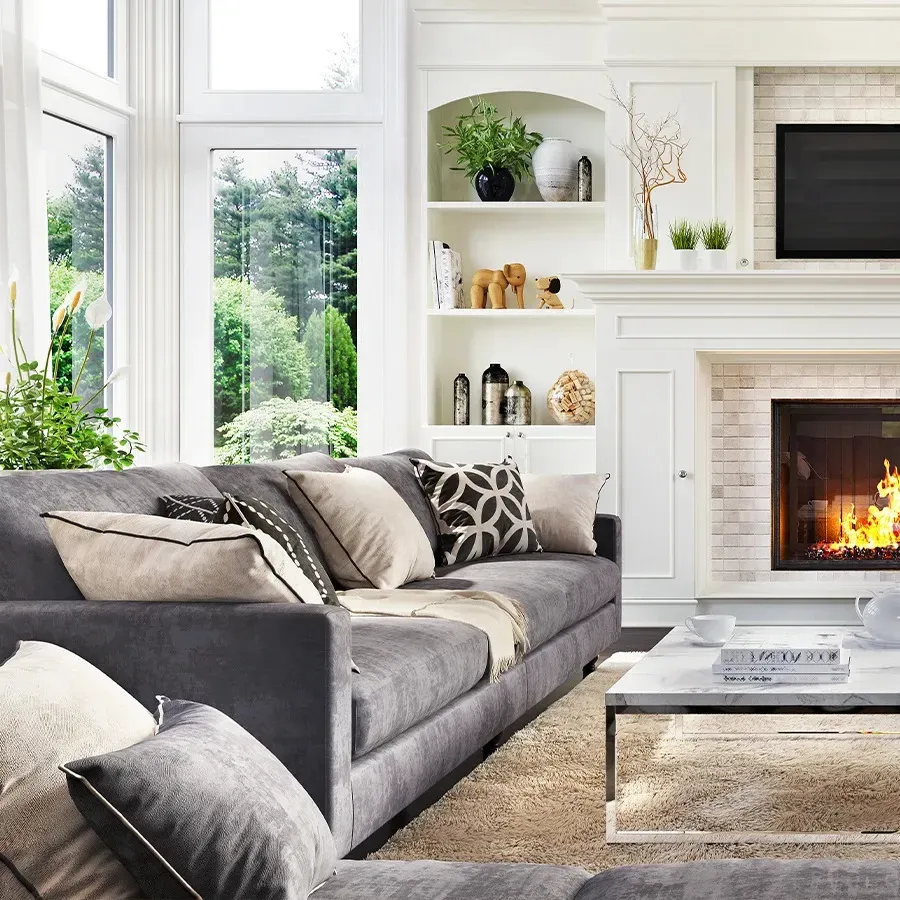 Modern living room furniture including sofas and seating