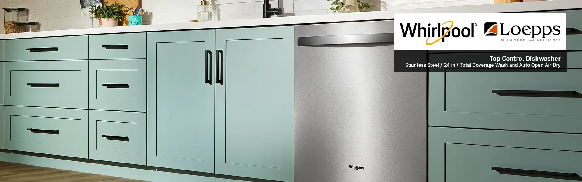 Angled shot of a dishwasher built in to lower kitchen cabinets