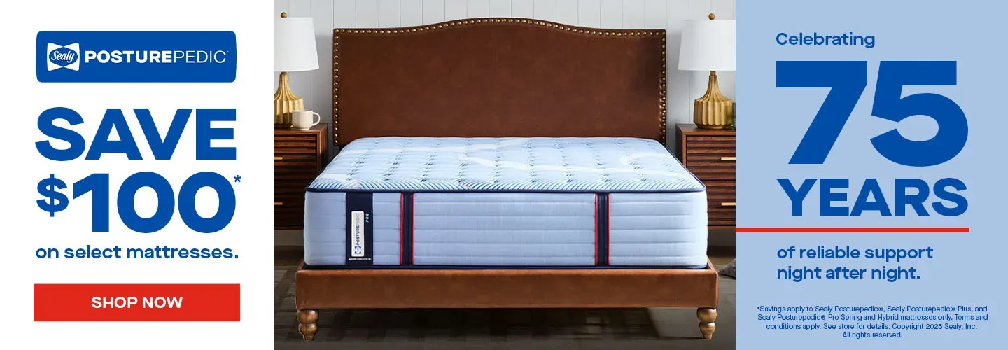 Promotinal Banner for Sealy Posturepedic Mattresses saving $100 on select mattresses for their 75 year celebration.