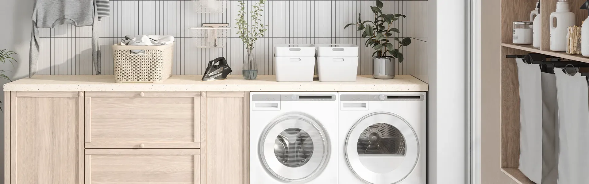 Modern washer and dryer set in a bright laundry room