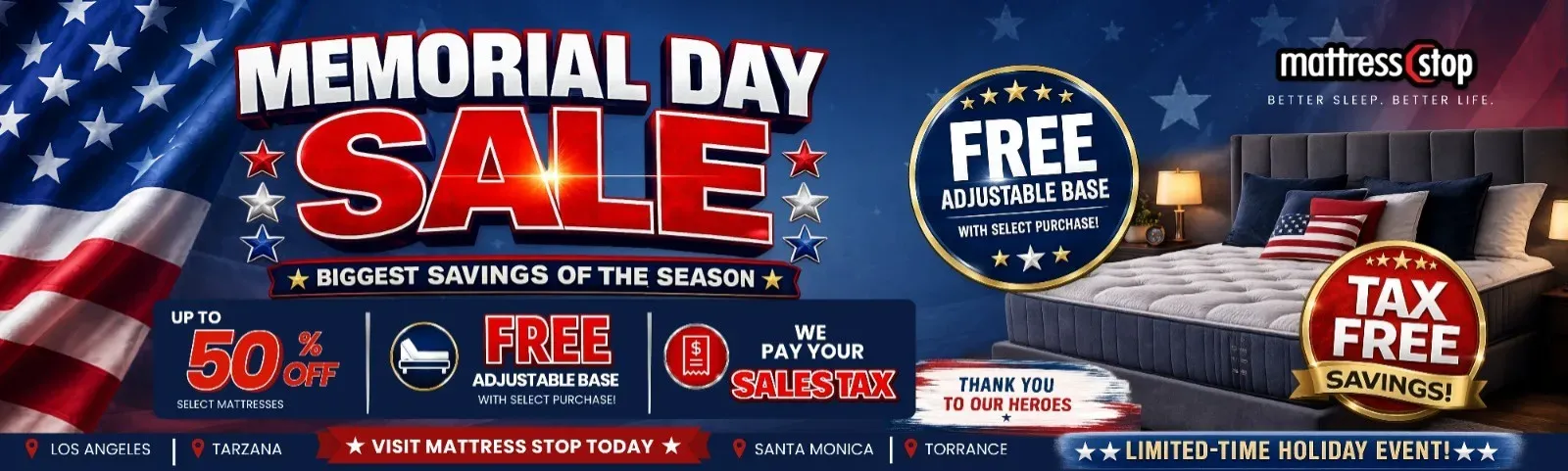 Memorial Day Promotional Banner for Mattress Stop