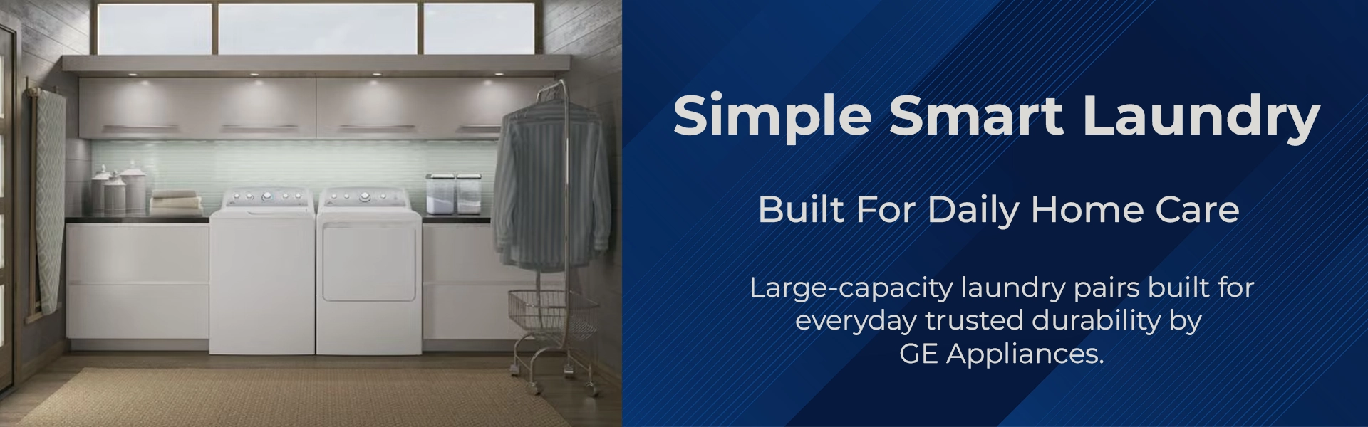 GE Appliances white top-load washer and dryer pair in a laundry room