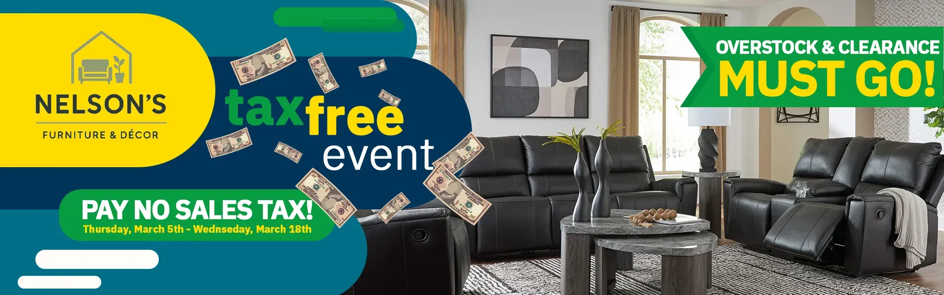 Nelson's Furniture Promotional Banner for Tax Free Purchases on Overstock & Clearance Items.