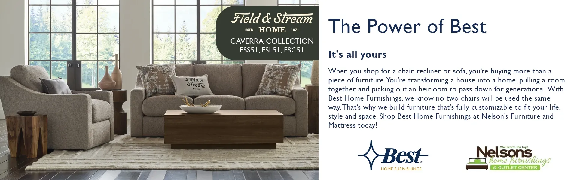 Best Home Furnishings promotional slider image with the Field and Stream Caverra Collection featured
