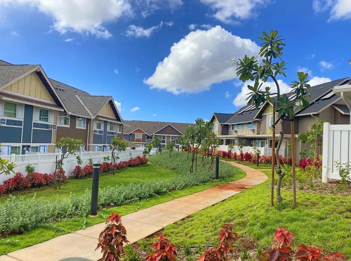 Koa Ridge community walkway garden homes Oahu Hawaii new construction