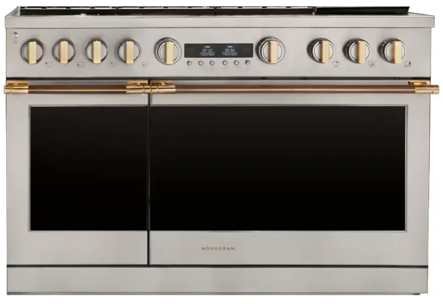 Monogram professional range with brass hardware
