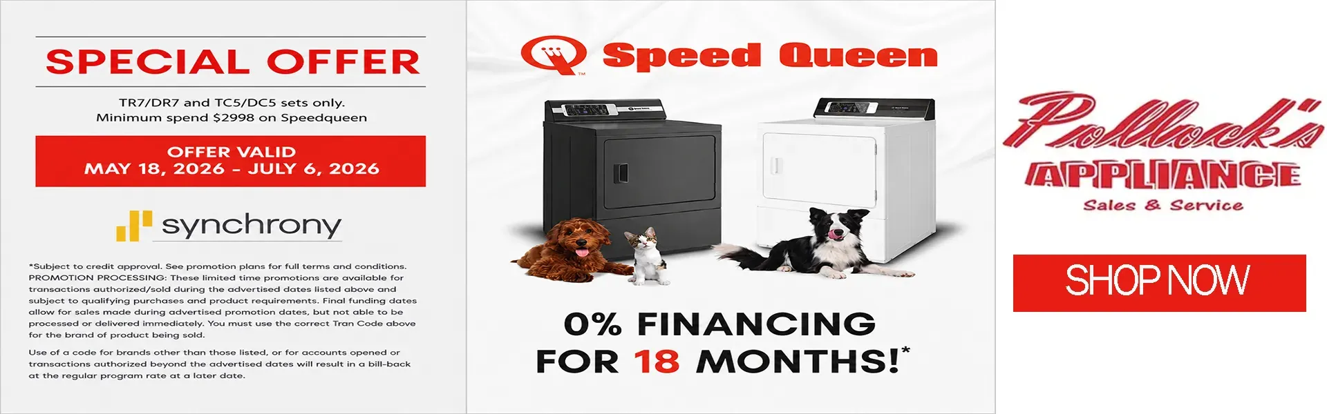 Speed Queen and Synchrony Financing Promotion Available for Washers and Dryers at Pollock´s Appliance Sales and Services
